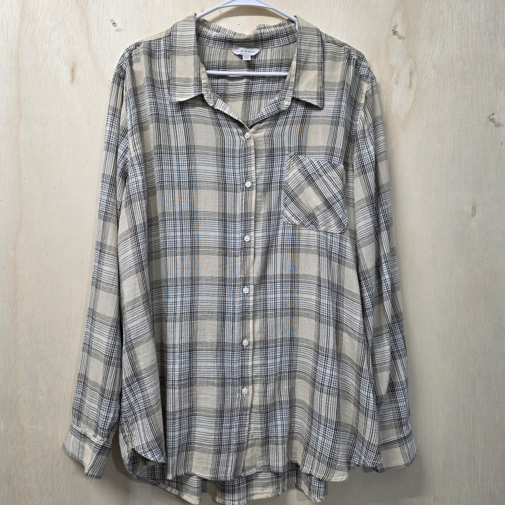 Lucky Brand Womens XL Plaid Button Up Shirt Cream Black Cotton Viscose Top